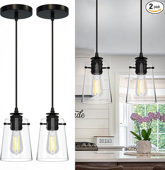 2Pack Pendant Lights Kitchen Island, Modern Industrial Pendant Light Fixtures with Glass Shade, E26 Socket Adjustable Cord for Dining Room, Bedroom, Living Room, Farmhouse Pendant Lighting