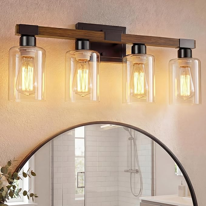 VOLISUN Farmhouse Bathroom Light Fixtures, 4 Light Bathroom Vanity Lights Over Mirror, Rustic Vanity Light for Bathrooms,Wood Bathrooms Lights Fixtures Over Mirror-UL Certificated