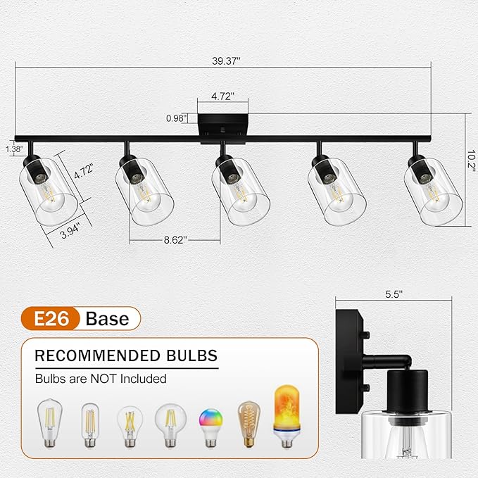 5-Light Track Lighting Fixtures with Clear Glass Shade, Modern Kitchen Lighting Fixtures Ceiling, Rotatable Track Head, Wall Mount Track Light for Bedside Vanity Hallway Bedroom, Matte Black