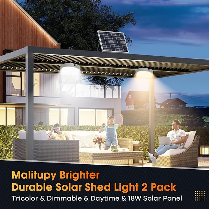 Solar Shed Lights Indoor Outdoor 2 Pack, Brighter & Tricolor & Daytime Ceiling Light with ON/Off Switch & Remote, Dimmable Waterproof Solar Barn Light for Porch, Shop, Stable, Carpot