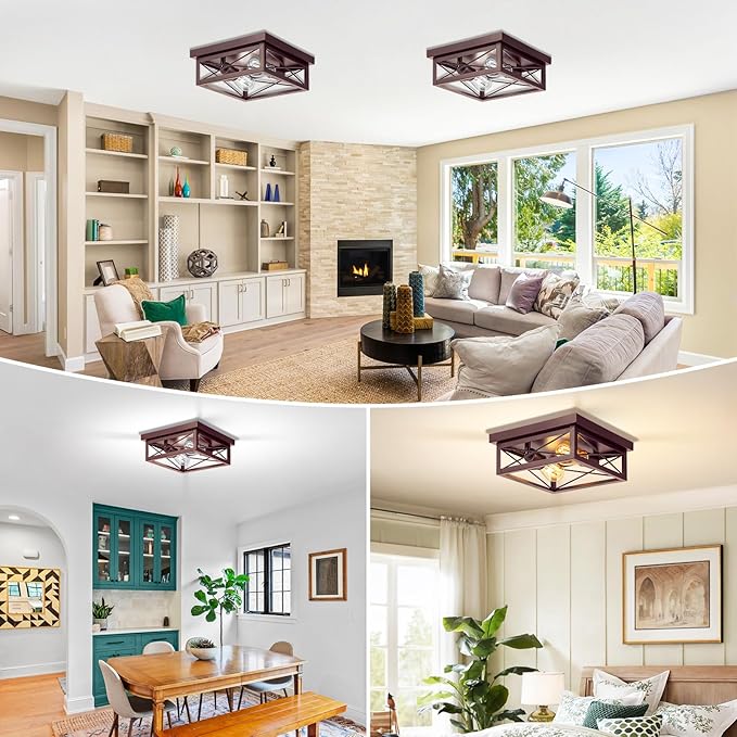 Brown Hallway Light Fixtures Ceiling, 2-Light Farmhouse Industrial Flush Mount Ceiling Lights, 2-Pack Modern Metal Kitchen Light Fixtures, Close to Ceiling Lights for Bedroom Living Room Entryway