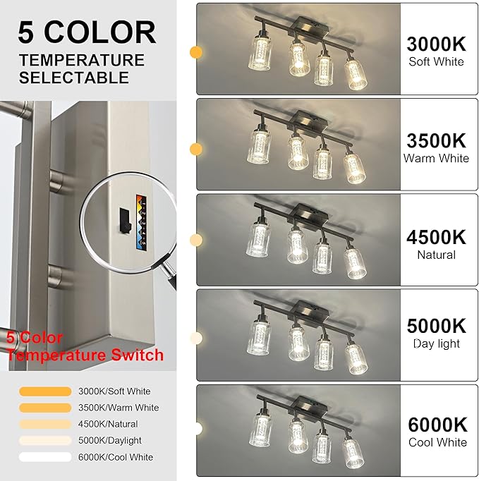 MELUCEE LED 5 Light Track Lighting Kit, Brushed Nickel Ceiling Spotlights Vanity Lights Modern Track Light Fixture with Flexibly Rotatable Heads, Built-in LED Chips, 5-Color Temperature Adjustable