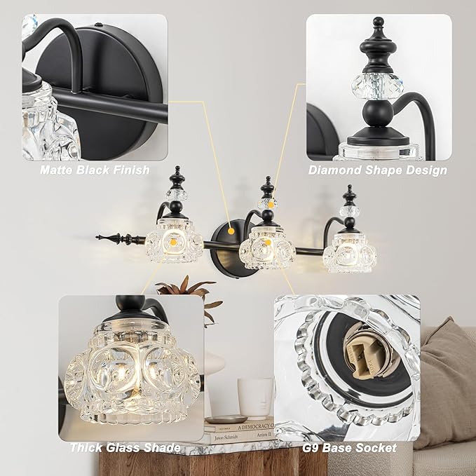 Bathroom Vanity Light Fixtures, Farmhouse Vintage Wall Sconce Lighting with Glass Shade, Bath Vintage Wall Mounted Lamps for Mirror (3 Lights,Matte Black,G9 Base)