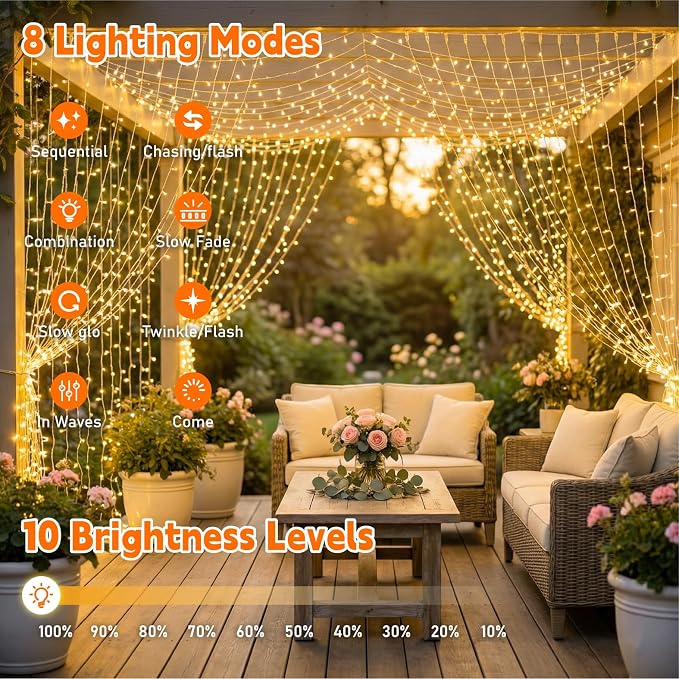Curtain Light for Bedroom, 200LED 6.6x6.6ft Warm White Window Wall Hanging Fairy Curtain String Light, 8 Modes Remote Fairy String Lights Indoor for Wedding Party Home Garden Decorations