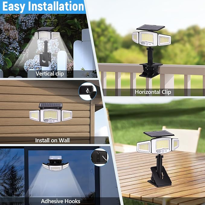 Clip on Solar Lights Outdoor with 3 Heads & 360°Angle Lighting, 1000LM 231 LEDs Motion Sensor Outdoor Lights, IP65 Waterproof Dual Charging Security Flood Light for Patio Fence Gutter (1 Pack)