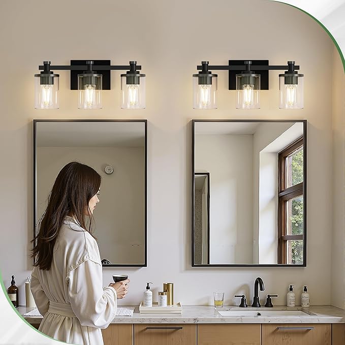 DORESshop 20 Inch Bathroom Light Fixtures, 3-Light Upgraded Matte Black Bathroom Lighting Fixtures Over Mirror with Clear Glass Shade, Vanity Lights for Bathroom Living Room Bedroom, ETL Listed