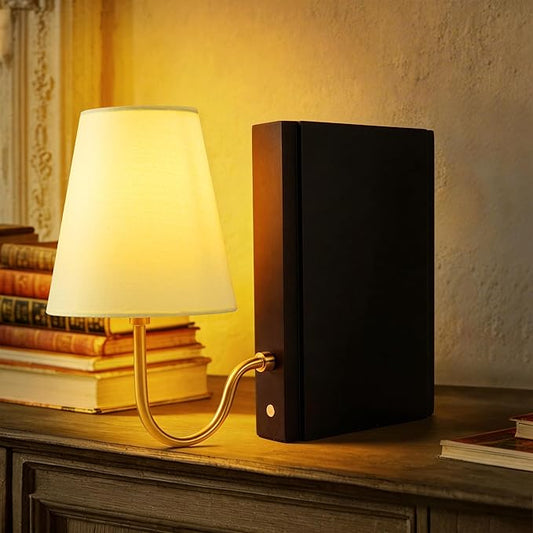 AELS Wooden Bookshelf Lamp with Bulb, Table Lamp with Linen Shade, 3-Color Dimmable Touch Control, Modern Decorative Bookend, Book Sconce for Office Home Bedroom Bookshelf, Black