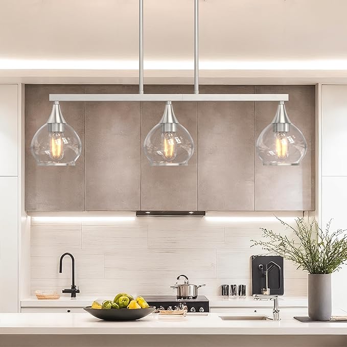 Kitchen Island Linear Pendant Light, 3-Light Modern Chandelier with Clear Glass Globe Shades, Linear Lighting Fixture Over Dining Table, Brushed Nickel
