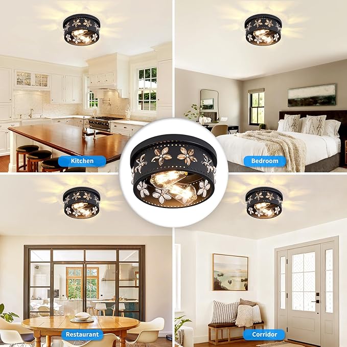 10.6 inch Black Flush Mount Ceiling Light Fixtures, 2-Light Ceiling Mount for Industrial, Crystal Light Fixtures for Farmhouse, Bedroom, Living Room, Kitchen, Hallway and Foyer (2 Pack)