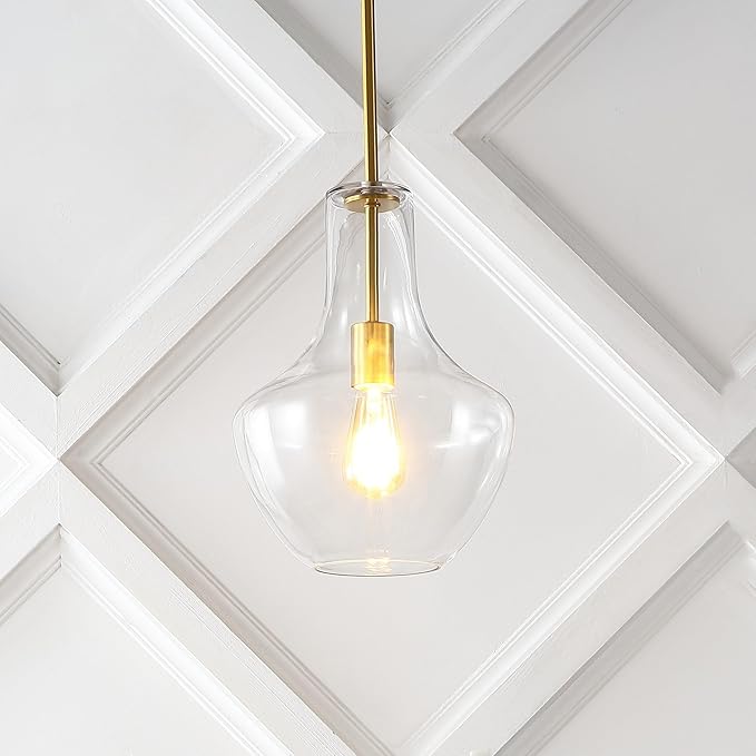 JONATHAN Y 10.5" Brass Gold/Clear Mid-Century Modern 1-Light LED Pendant Light Fixture, Adjustable Schoolhouse Hanging Lamp for Kitchen Island, Clear Glass Shade, LED Bulb Included (JYL6400C)