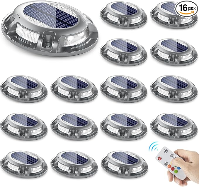SIEDiNLAR Solar Driveway Light with Remote, 11 RGB Modes, Waterproof Outdoor Safety Light for Driveway Marker Deck Dock Walkway Pathway Step Yard Garden (16 Pack)