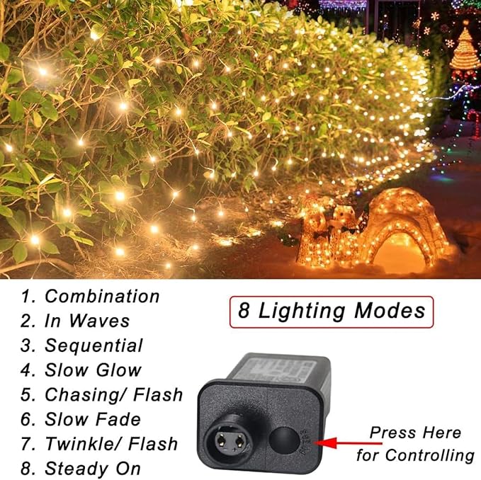 Christmas Net Lights, 610 LED Large Outdoor Net Mesh Lights 34.5X 5ft, 8 Modes Waterproof Twinkle String Lights Connectable for Bushes Christmas Yard Decor, Warm White