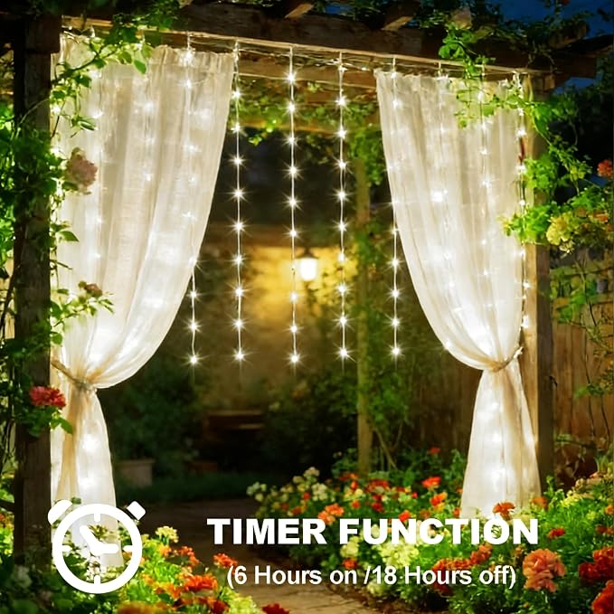 DBFAIRY Solar Curtain Lights 200 LED Outdoor Curtain Lights Waterproof | 13 x 3.9ft Solar Twinkle Curtain Lights with Remote Timer Dimmable for Garden Party Wedding Decór, Cool White