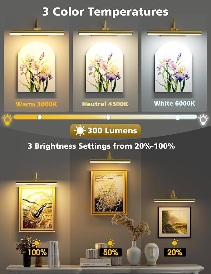 VOLISUN Picture Lights for Wall, 13 inch Rechargable Picture Light Battery Operated, 3 Color Temperatures Cordless Picture Light with Remote, Art Light for Paintings, Gallery, Portrait, 2 Pack (Gold)