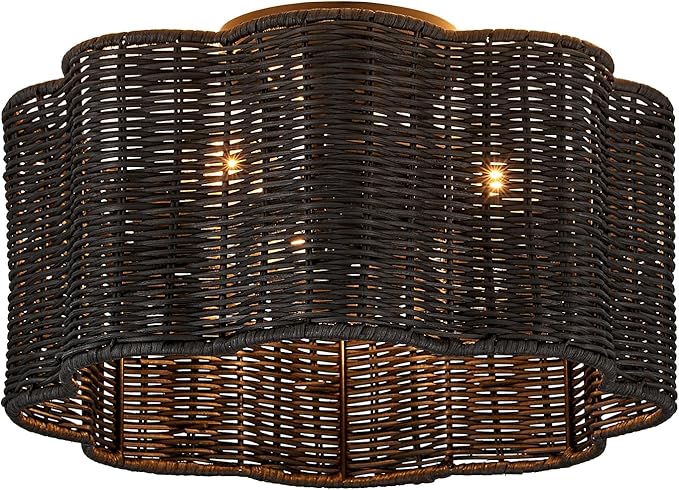13” Boho Semi Flush Mount Ceiling Light Black Flower Floral Hand Woven Rattan Mini Chandelier for Bedroom Dining Room Kitchen Island Hallway, UL Listed