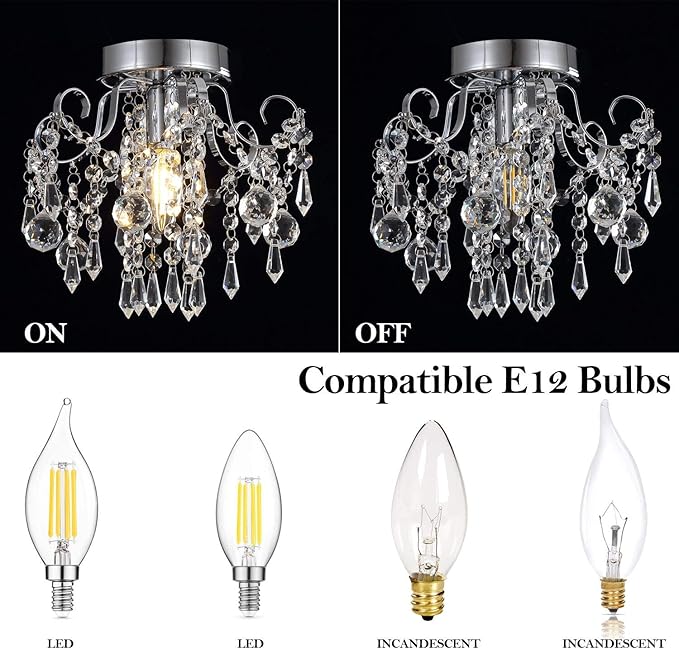 Q&S Small Crystal Chandelier,Flush Mount-Modern Mini Ceiling Light Fixture for Hallway/Entryway/Bedroom/Bathroom/Closet,Chrome Metal with K9 Crystal