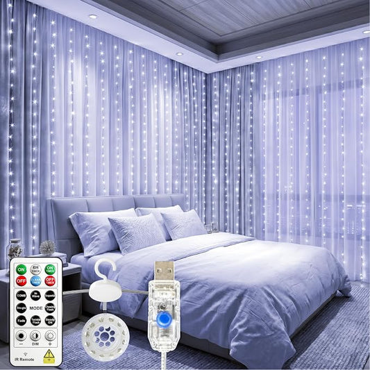 HXWEIYE 300LED Untangled Curtain Lights, 9.8x9.8Ft USB Fairy Twinkle String Lights with Remote and DIY Timer, 8 Modes Window Wall Hanging Light for Bedroom Dorm Backdrop Room Decor, White