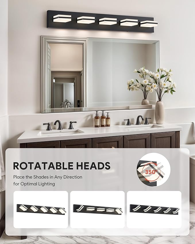 VONLUCE Bathroom Vanity Light Fixture, 5-Light Modern LED Vanity Light, 3CCT Adjustable Bathroom Lights with Memory Function Rotatable Shades, 34" Wall Lighting Fixture Over Mirror, Matte Black