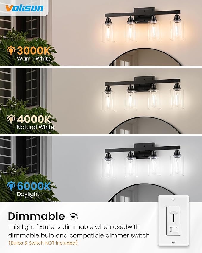 VOLISUN Matte Black Bathroom Light Fixtures, 4-Light Bathroom Vanity Light Over Mirror, Modern Vanity Lights for Bathrooms, Bathrooms Lights Fixtures Over Mirror with Clear Glass Shades
