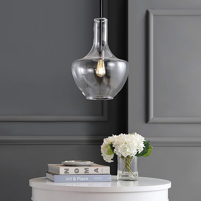 JONATHAN Y 13.25" Oil Rubbed Bronze/Clear Mid-Century Modern 1-Light LED Pendant Light Fixture, Adjustable Schoolhouse Hanging Lamp for Kitchen Island, Clear Glass Shade, LED Bulb Included (JYL6401B)