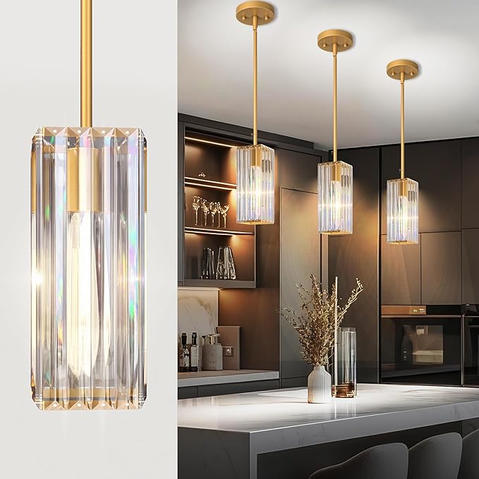 Crystal Pendant Lights for Kitchen Island - 10" Gold Adjustable Chandelier, Dimmable E26 Hanging Fixture, Modern Lighting for Dining 1pcs