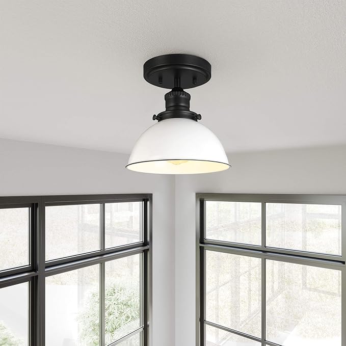 Design House Savannah Rustic Farmhouse Ceiling Light, Semi-Flush Mount, Dimmable, White Metal Shade, Matte Black, 8 in x 8 in x 9 in, 588319