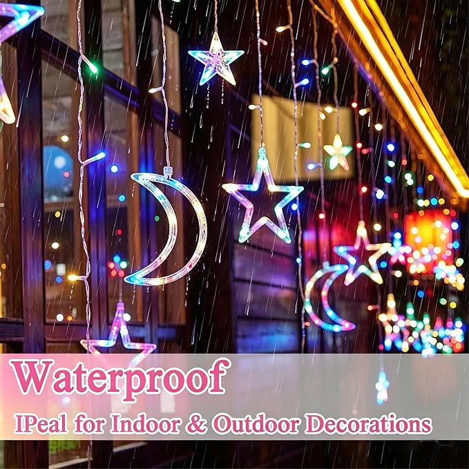 Star Moon Curtain Lights 11.5ft Remote Control LED Fairy Light Strings, 8 Flashing Modes Waterproof Decorative Lights for Garden, Christmas, Wedding, Party, Bedroom Decorations(Multicolored)
