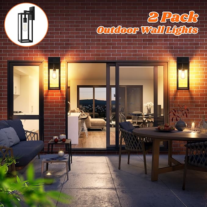 Brightever 2-Pack Outdoor Wall Light, Exterior Waterproof Wall Sconce Light Fixtures, 15" Black Outdoor Wall Lamp with Clear Glass for House, Porch, Front Door, Garage, Patio, Bulbs Not Included