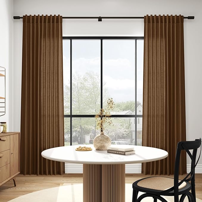 Tobacco Brown Linen Curtains 120 Inch Extra Long for Living Room Back Tab Light Filtering Semi Sheer Drapes Modern Farmhouse Decor Curtain for Floor to Ceiling High Window 52x120,2 Panels