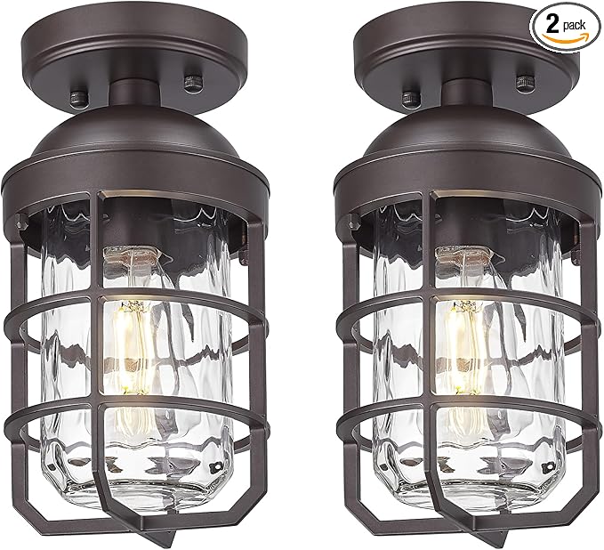 Emliviar Pack of 2 Semi-Flush Mount Ceiling Lights with Water Ripple Glass Shade, Vintage Metal Ceiling Lamps in Oil Rubbed Bronze Finish, GE255LF-2PK ORB-WG