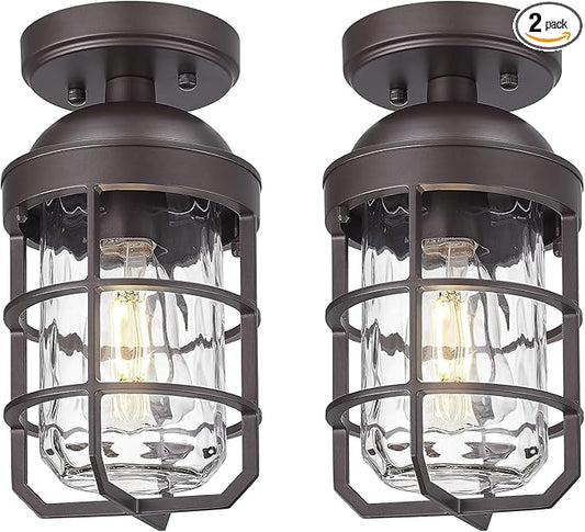 Emliviar Pack of 2 Semi-Flush Mount Ceiling Lights with Water Ripple Glass Shade, Vintage Metal Ceiling Lamps in Oil Rubbed Bronze Finish, GE255LF-2PK ORB-WG