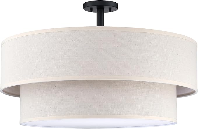 5 Light Semi Flush Mount Close to Ceiling Light Fixture,Cream Linen Fabric Shade Black Finish 24 inch for Bedroom,Living Room,Dining Room Hallway