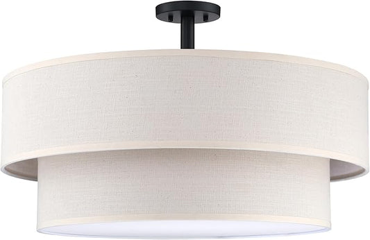 5 Light Semi Flush Mount Close to Ceiling Light Fixture,Cream Linen Fabric Shade Black Finish 24 inch for Bedroom,Living Room,Dining Room Hallway