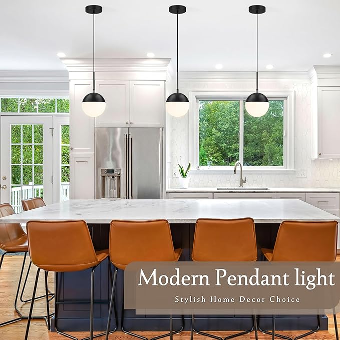 6 Inch Black 2 Pack Mid Century Modern Pendant Light Pendants for Kitchen Island Frosted Milky White Glass Globe Height-Adjustable Modern Hanging Globe Pendant Light for Bedroom (Bulb Incl)