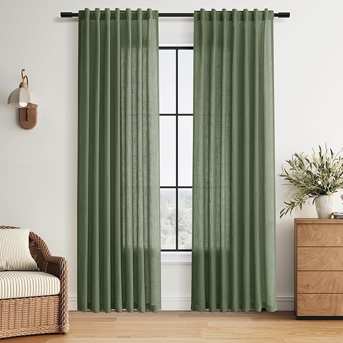 Nanspring Forest Green Linen Curtains 84 Inch Length 2 Panels Set for Living Room Light Filtering Semi Sheer Curtain Back Tab Rod Pocket Wabi Sabi Boho Decor Drapes for Bedroom Office 52x84