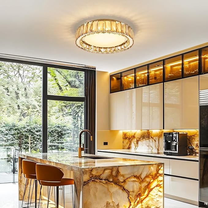 Amber Crystal Dimmable Flush Mount Ceiling Light, Gold Modern LED Close to Ceiling Light Fixture with 5CCT 2700K-6000K, Round Kitchen Lighting for Bedroom,Laundry Room, Hallway, Living room (15in 36W)