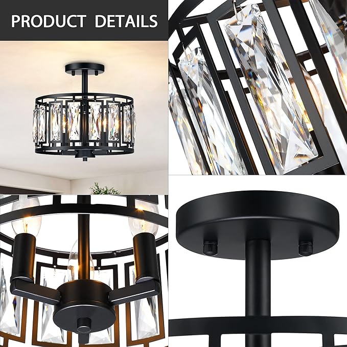 Modern Crystal Semi Flush Mount Ceiling Light Black Close to Ceiling Light Fixtures,3-Light Ceiling Light for Dining Room Bedroom Kitchen Island Hallway Entryway