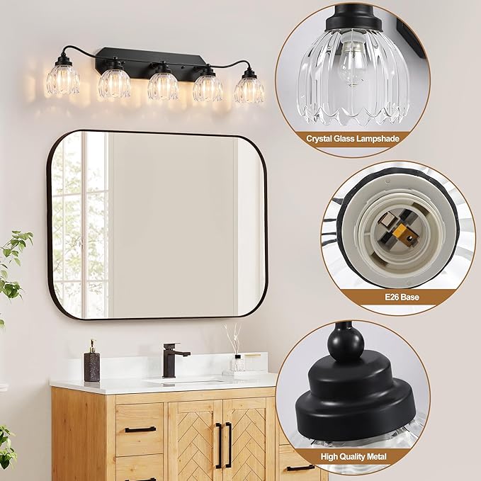 Vintage Bathroom Light Fixtures, 5 Light Bathroom Vanity Light, Black Matte Antique Brass Finish with Crystal Glass Shade, Mid Century Wall Sconces for Bedroom, Living Room, Hallway