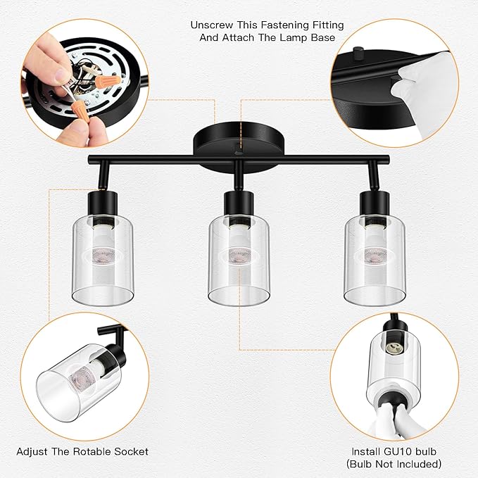 3 Light Led Track Lighting Kit, Glass Lightshade, Modern 3 Way Ceiling Spot for Kitchen, Dining Room, Bedroom, Hallway, Flexibly Rotatable Head, Black, GU10 Bulb Not Included