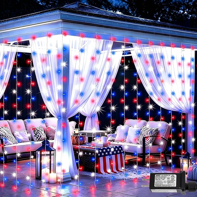 YEGUO 300 LED Red White and Blue Lights, 4th of July Lights Plug in, Patriotic Curtain Lights Hanging String Lights for Bedroom Wall Window Backdrop Indoor Outdoor Independence Memorial Day-9.8x9.8ft