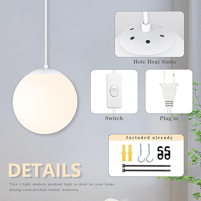 KoKo&Yukina 10" Globe Pendant Light White Plug in Pendant Light Adjustable Hanging Lights with Plug in Cord Matte White Finished with Milk Glass Lampshade for Bedroom Kitchen Island (Bulb Included)