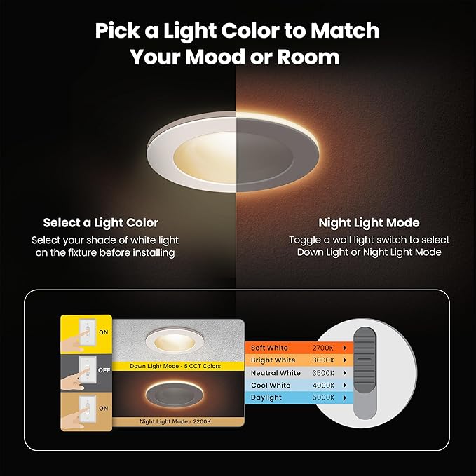 Feit Electric 4" LED Canless Recessed Downlight with Night Light Mode and Integrated J-Box, 75W EQ, Dimmable, 5CCT Selectable White, 90 CRI, 850 Lumens, 45-Year Lifetime, LEDR4XT/HO/NL5CCTCA4, 4 Pack