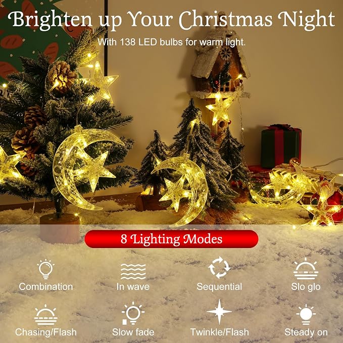 Lewondr 138 LED Star Moon String Curtain Lights, Hanging Fairy Lights with 6H Timer&8 Modes, USB & Remote Control Ramadan String Lights for Christmas Bedroom Wedding Party Xmas Indoor Decor,Warm Light
