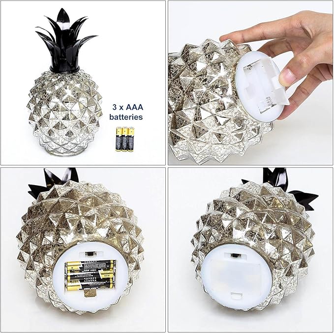 Romingo Mercury Glass Pineapple Lamp 9 Inch Batteries Operated Night Light with Timer for Living Bed Room, Women's Gift for Wife Girl Friend Silver