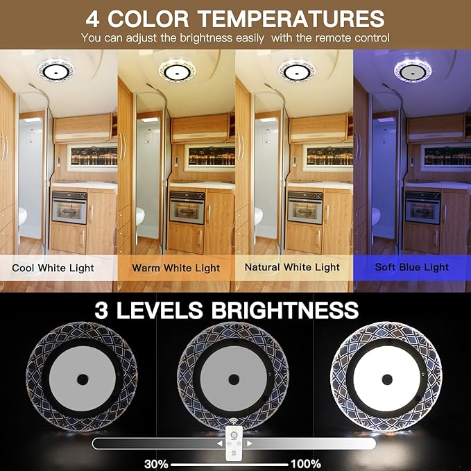 BlueFire RV Interior Lights - 600LM Dimmable LED Ceiling Dome Lights, 4 Colors, 12-18V Fixture with Dimmer Switch for Under Cabinet, Camper Van, Truck, Motorhome, Boat (1 Pack)