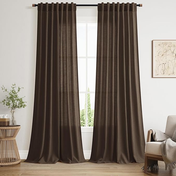 Nanspring Chocolate Linen Blend Light Filtering Back Tab Curtains 102 Inches Long, Semi Sheer Privacy Drapes for Living Room & Bedroom, 52x102 inch, 2 Panels