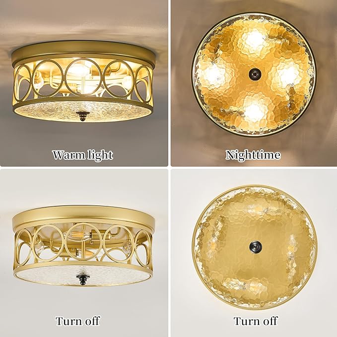 4-Light Flush Mount Ceiling Light Fixtures,15.2in Gold Metal Farmhouse Ceiling Lighting with Clear Glass & E12 Socket,for Kitchen Island, Bedroom, Entryway, Dining Room