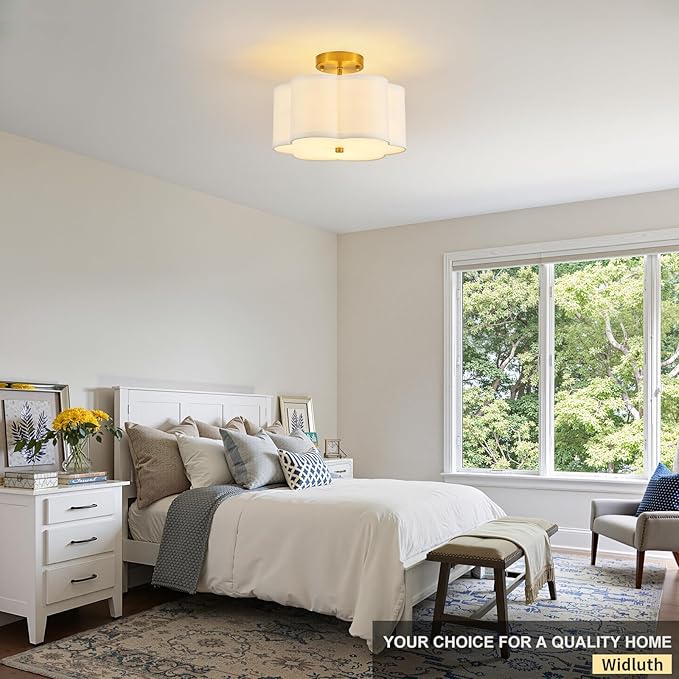 Modern Semi Flush Mount Ceiling Light Modern Gold 3-Lights Drum Ceiling Lighting Fixture Vintage Linen Golden Ceiling Lamp for Laundry Room, Kitchen, Basement, Dining Room, Bedroom