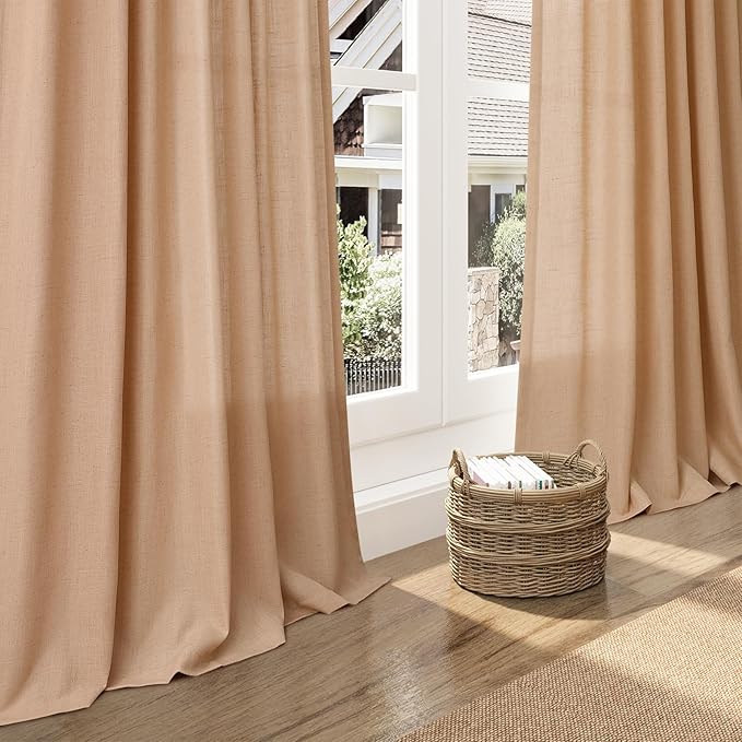 Nanspring Camel Linen Semi Sheer Curtains 72 Inches Long 2 Panels Set for Bedroom Rod Pocket Back Tab Light Filtering Privacy Drapes Cotton Textured Farmhouse Living Room Curtain 52X72 Inches