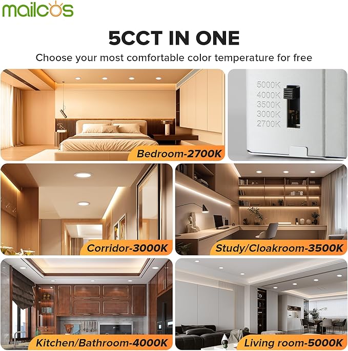 MAILCOS 12 Pack 6 Inch 5CCT LED Recessed Ceiling Light with Night Light, 2700K-5000K Selectable, Ultra-Thin Lighting, 12W=110W, 1050LM, Dimmable Canless Wafer Downlight ETL Certificated